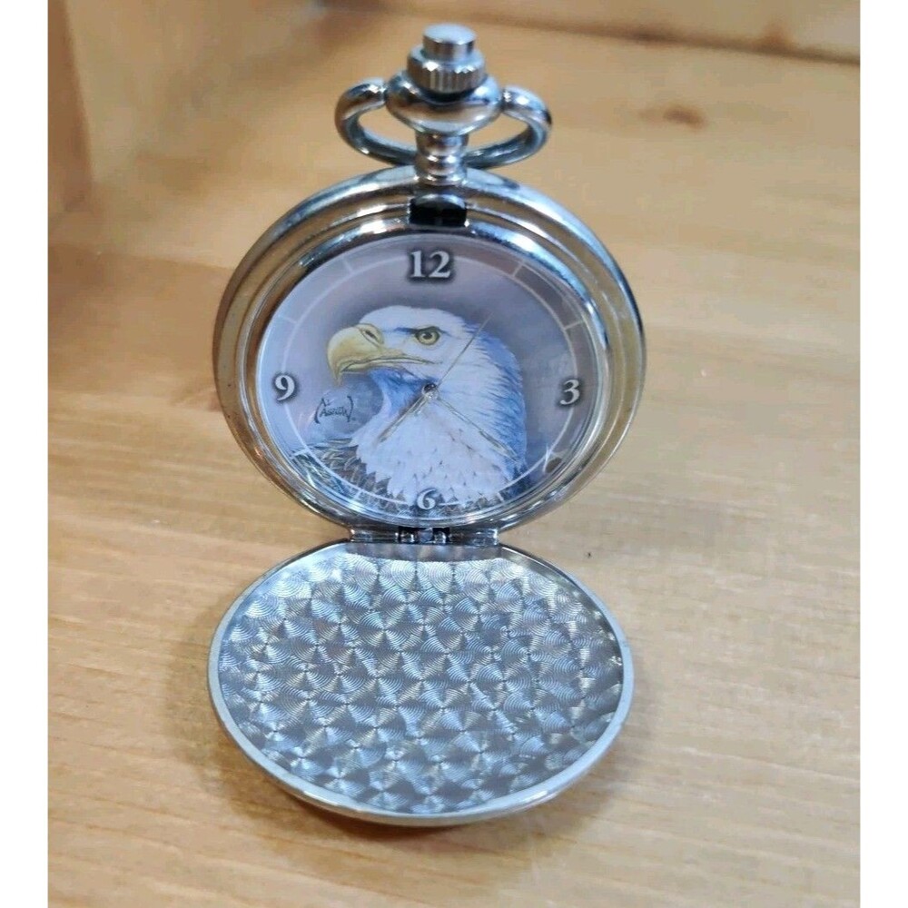 AL Agnew Bald Eagle American Pocket Watch Silver Tone Untested Not Working